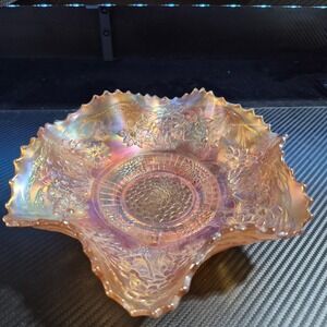 Vintage Fenton Carnival Ruffled Edge 9" Holly Berry Small Dish Bowl